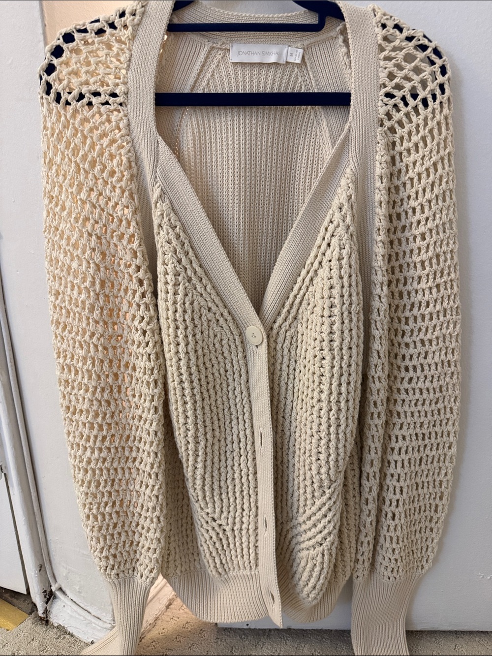 Jonathan Simkhai Cream Open-Knit Button Cardigan Sweater